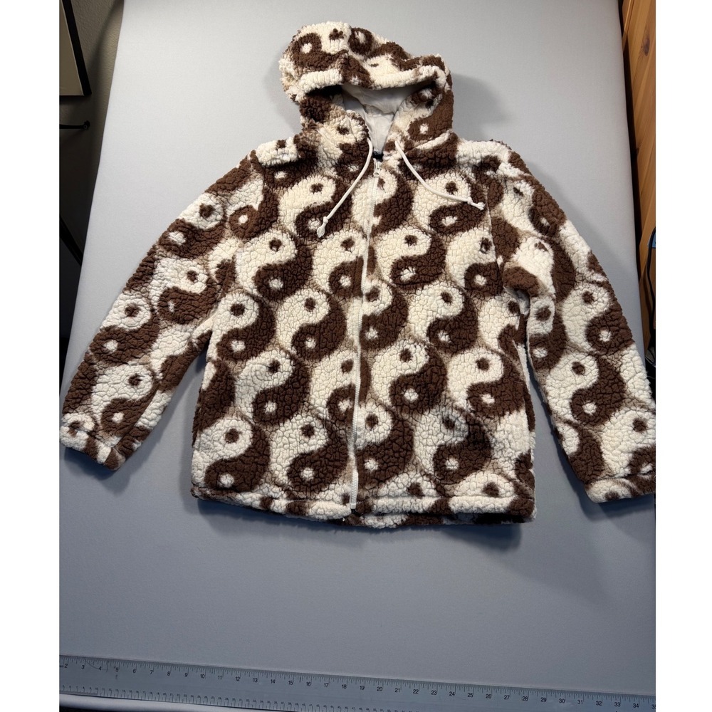 PacSun Yin Yang Sherpa Fleece Zip Up Hoodie Brown Cream Small